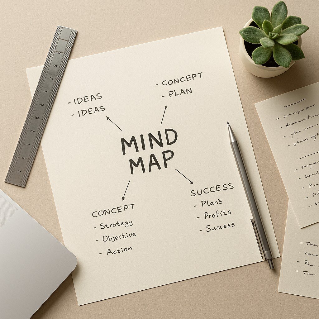 Top view of a high-quality desk setup with a hand-drawn mind map on premium paper, a metal ruler, a technical pencil, neatly written notes, and a small green plant.
