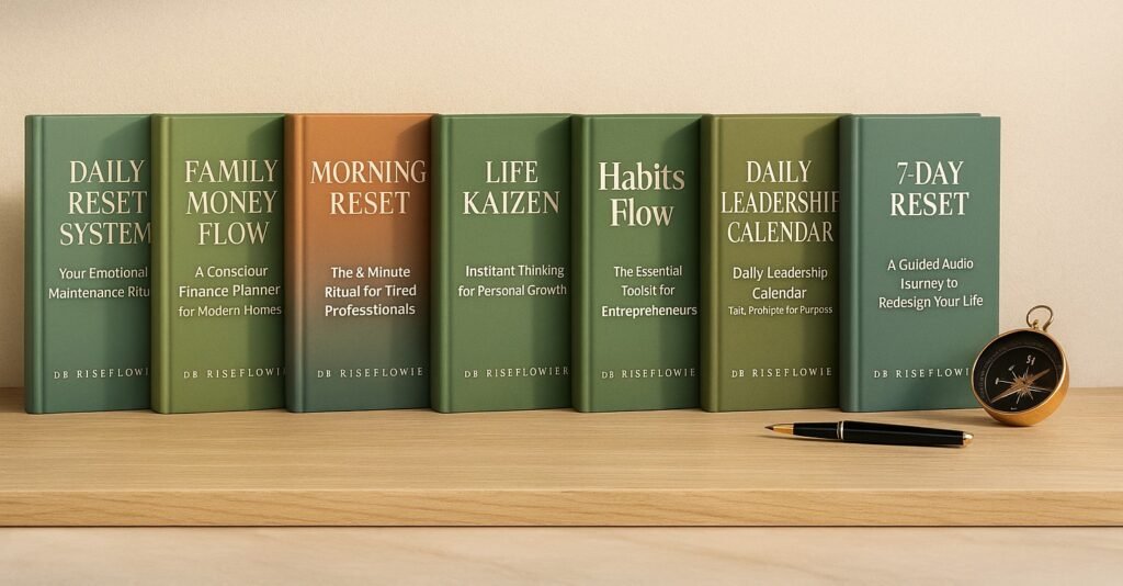 Ultra-realistic editorial photograph of ten hardcover self-help and productivity books arranged on a light wood surface, with a premium neutral background, soft natural light, and a symbolic open compass for storytelling.