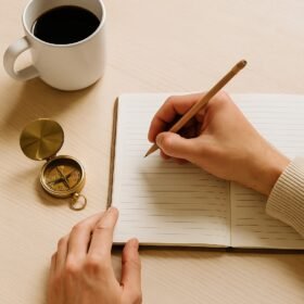 A warm editorial image of a hand journaling with coffee — symbolic of reflection and intentional living.