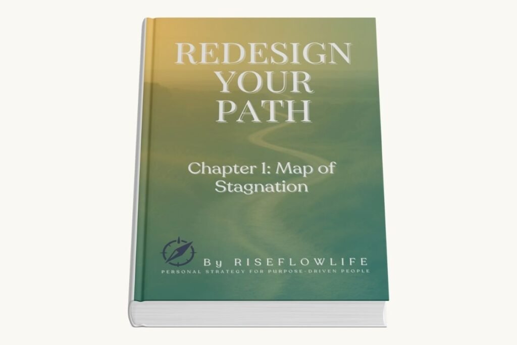 Mockup of the book “Redesign Your Path” featuring Chapter 1: Map of Stagnation — hardcover with a gradient cover design.