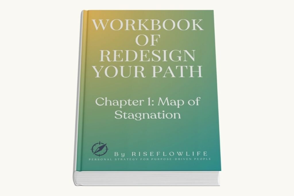 Mockup of the “Redesign Your Path” Workbook featuring Chapter 1: Map of Stagnation — softcover with gradient cover.