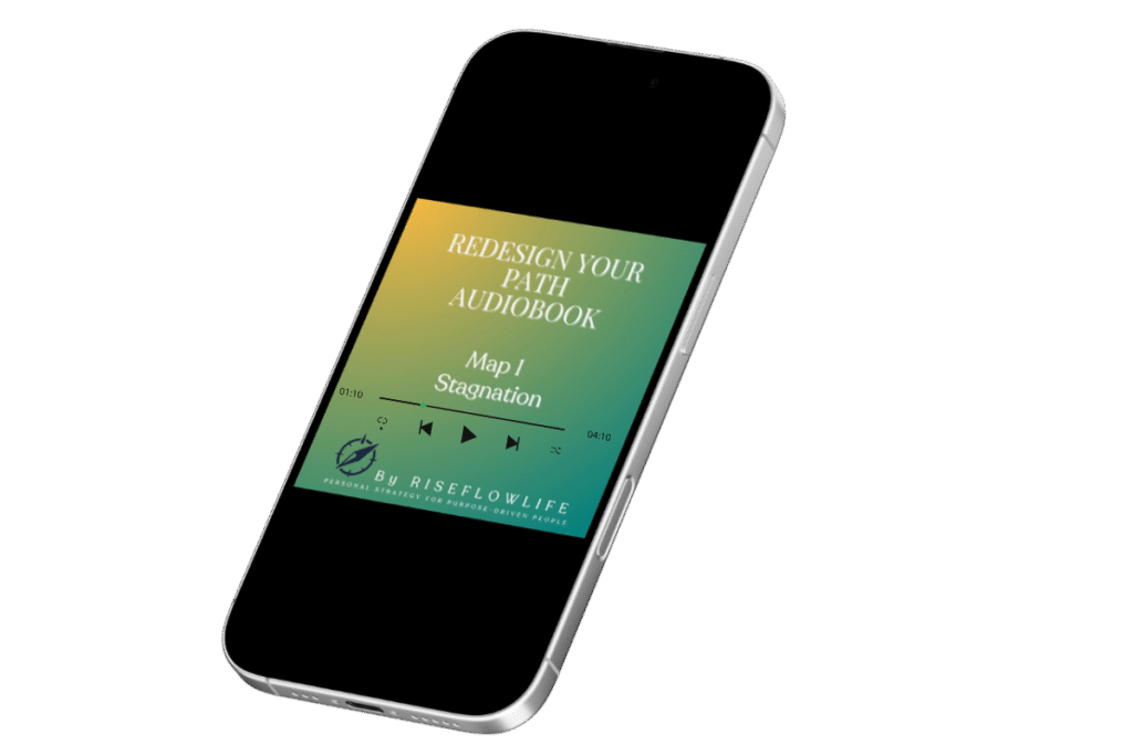 Mockup of the audiobook “Redesign Your Path – Map 1: Stagnation” displayed on a phone with gradient cover.