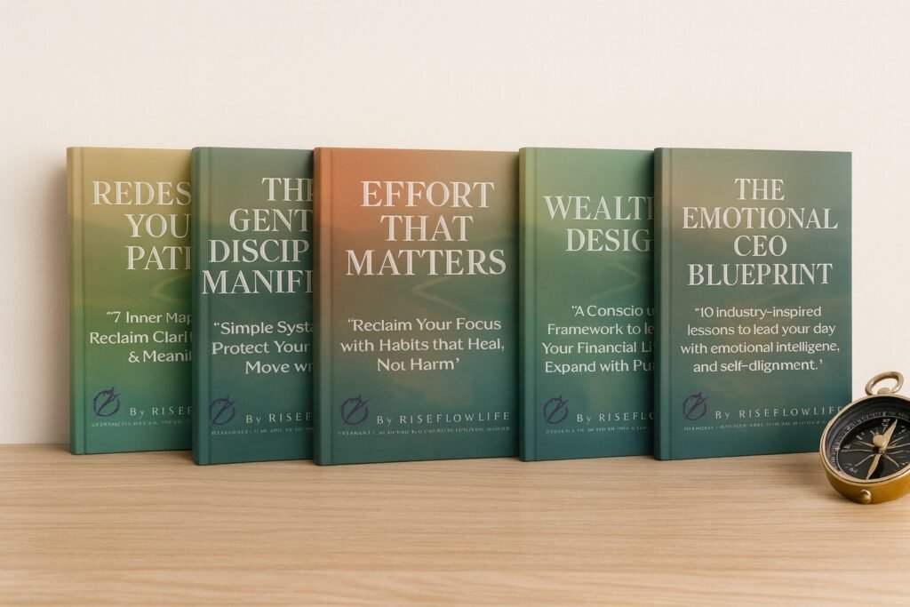 Realistic mockup of the 5 RiseFlowLife saga books aligned on a light wooden table with a compass, under soft natural light